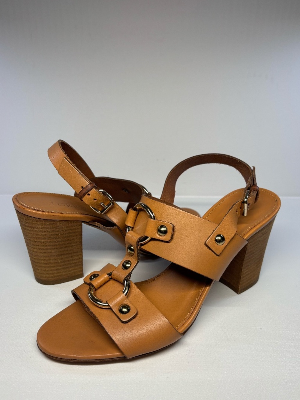 J. Crew Italian Leather Cognac Block Heel Sandals Size 8 Gold Hardware